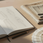 Flat lay of fabric swatches, Pantone cards, and fashion sketches on a desk