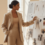 Indian fashion designer reviewing sketches in a modern studio