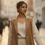 Indian woman walking outdoors in a linen co-ord set, candid street style